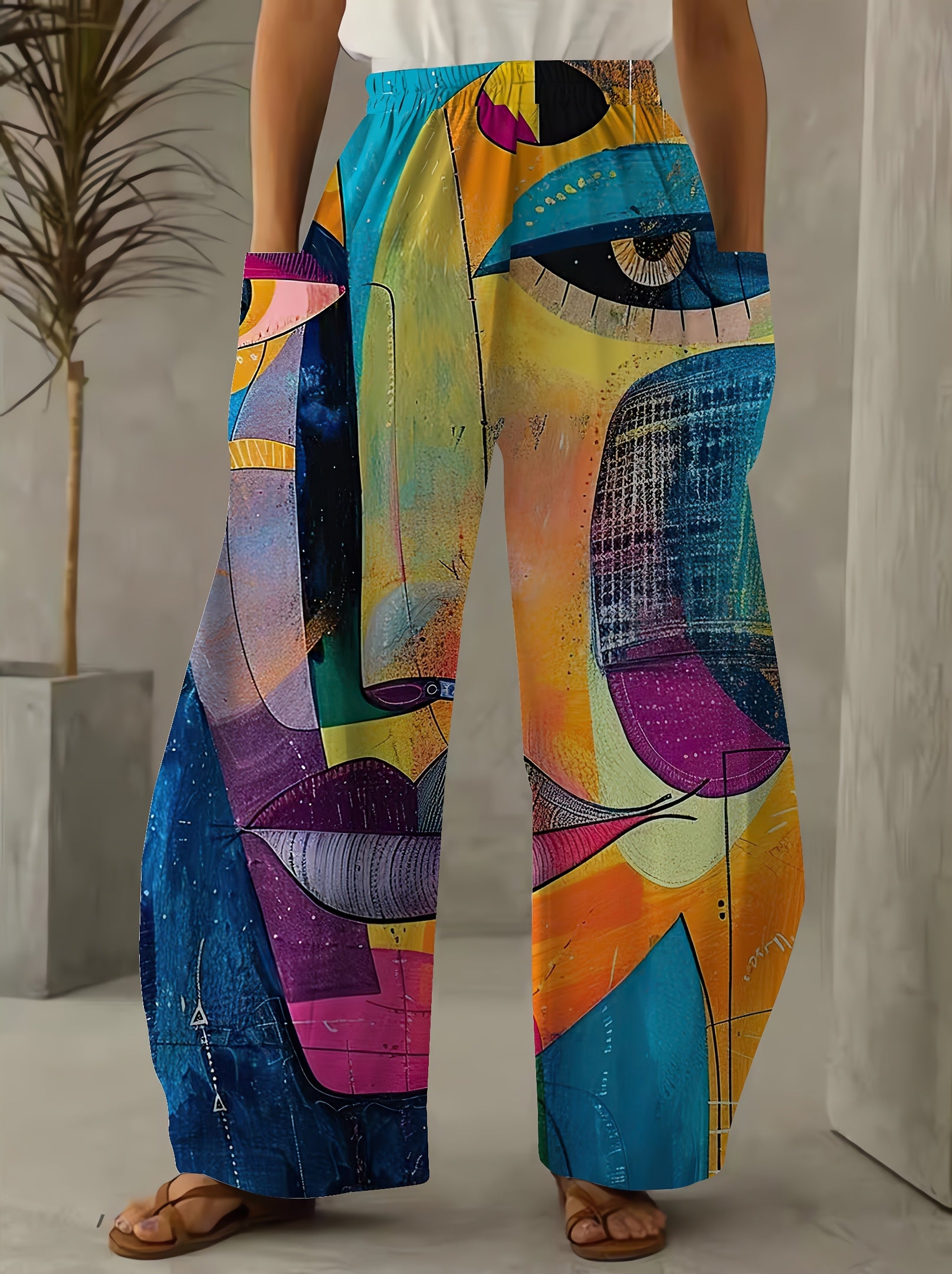 Women'S Graffiti 3D Print Wide Leg Palazzos - Casual Loose Fit Polyester 100% Long Pants with Pockets for All Seasons - Woven Non-Stretch Fabric, 120g/m² - Weekend Casual Wear